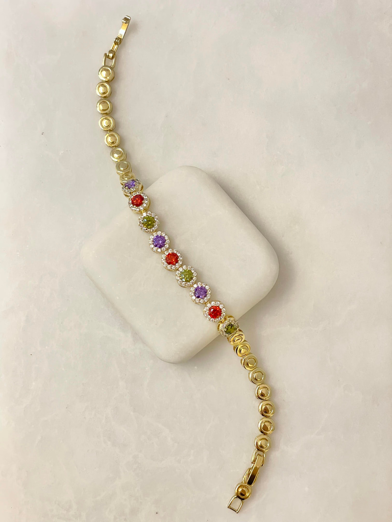 Özel Seri Renkli Kristal Taşlı Daire Bileklik Gold