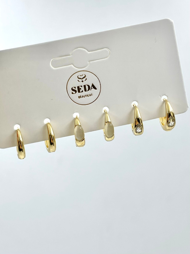 Opal ve Kristal Taşlı Halka Model Altılı Set Küpe Gold