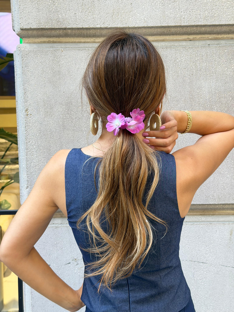 Dizi İnci Çiçekli Scrunchie Toka Pembe