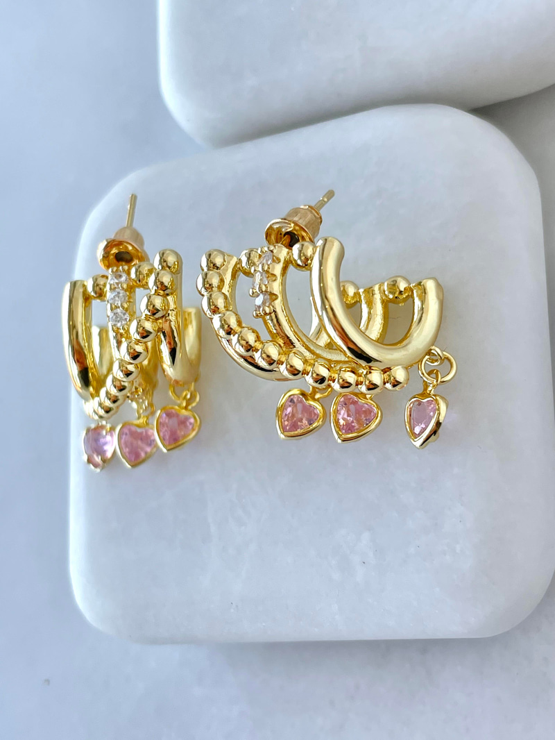 Altın Kaplama Üçlü Görünüm Kalp Sallantılı Küpe Pembe