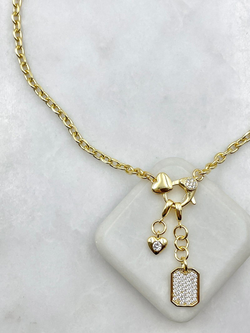 Zirkon Taşlı Kalp Kilit Kolye 50 cm Gold