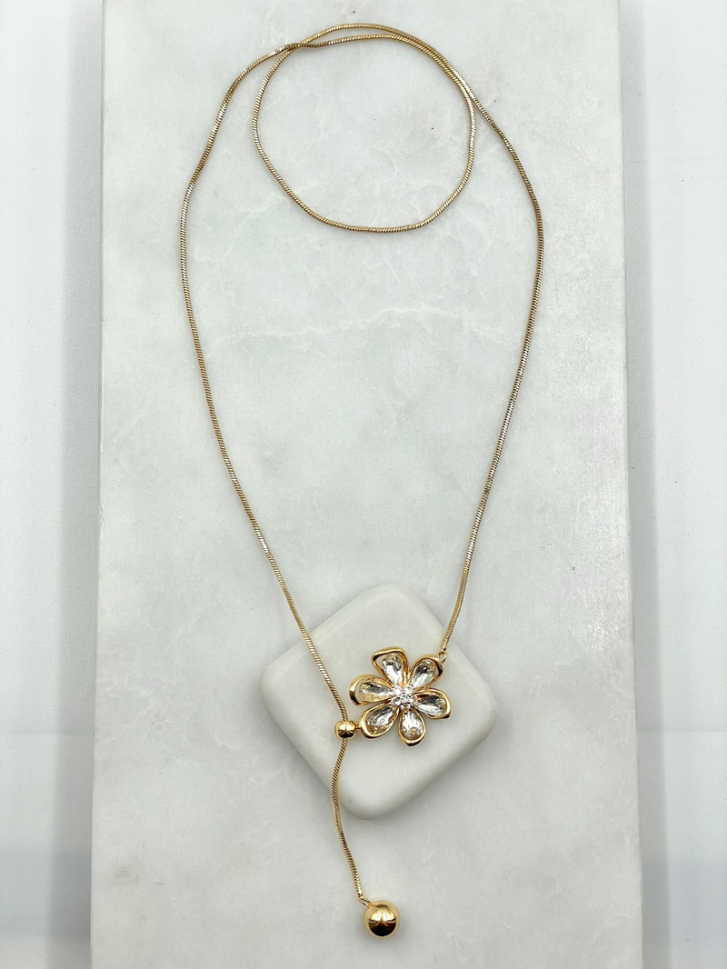 Kristal Taşlı Çiçek Model Asansörlü Kolye Gold