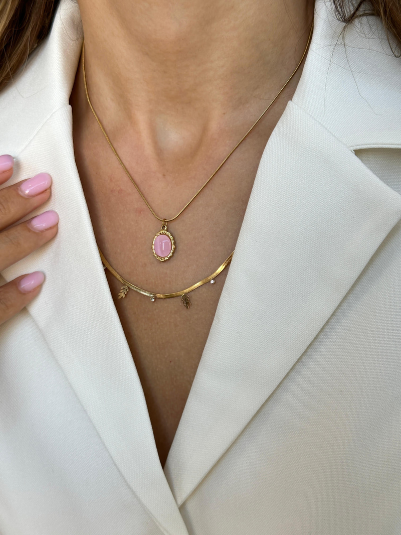 Çelik Opal Taşlı Etnik Desen Kolye Pembe-Gold