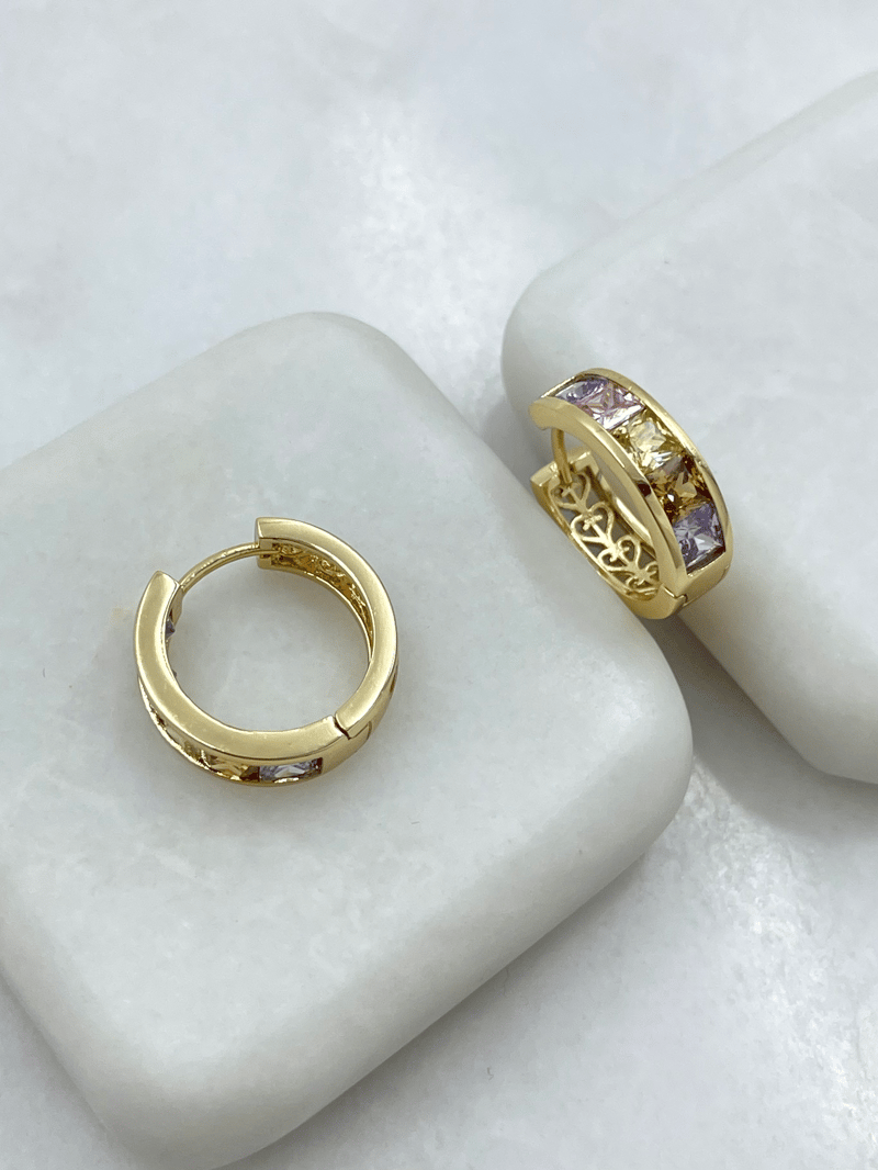 Özel Seri Renkli Kare Kristal Taşlı Halka Küpe Gold