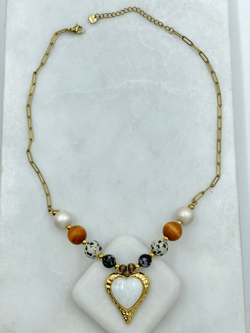 Çelik Opal Kalp Sallantılı Boncuk Kolye Gold