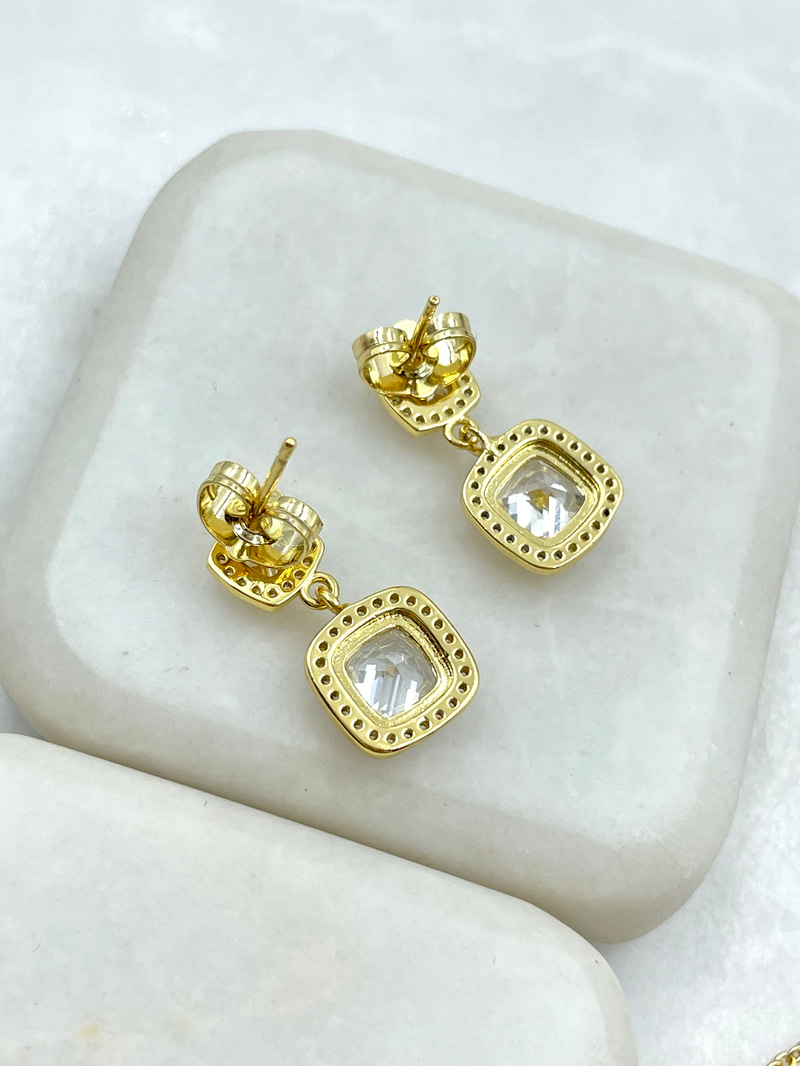 Özel Seri Büyük Küçük Kristal Kare Kolye ve Küpe Seti Gold