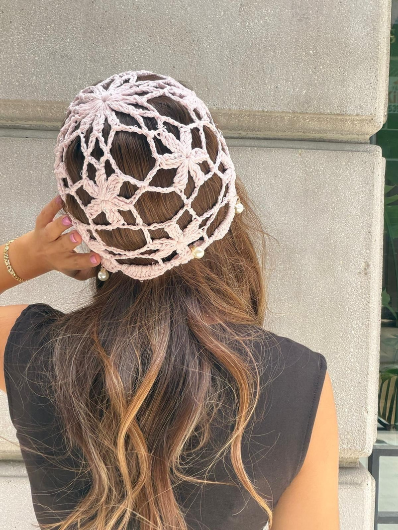 Boncuk Saçaklı File Bandana Şapka Pembe