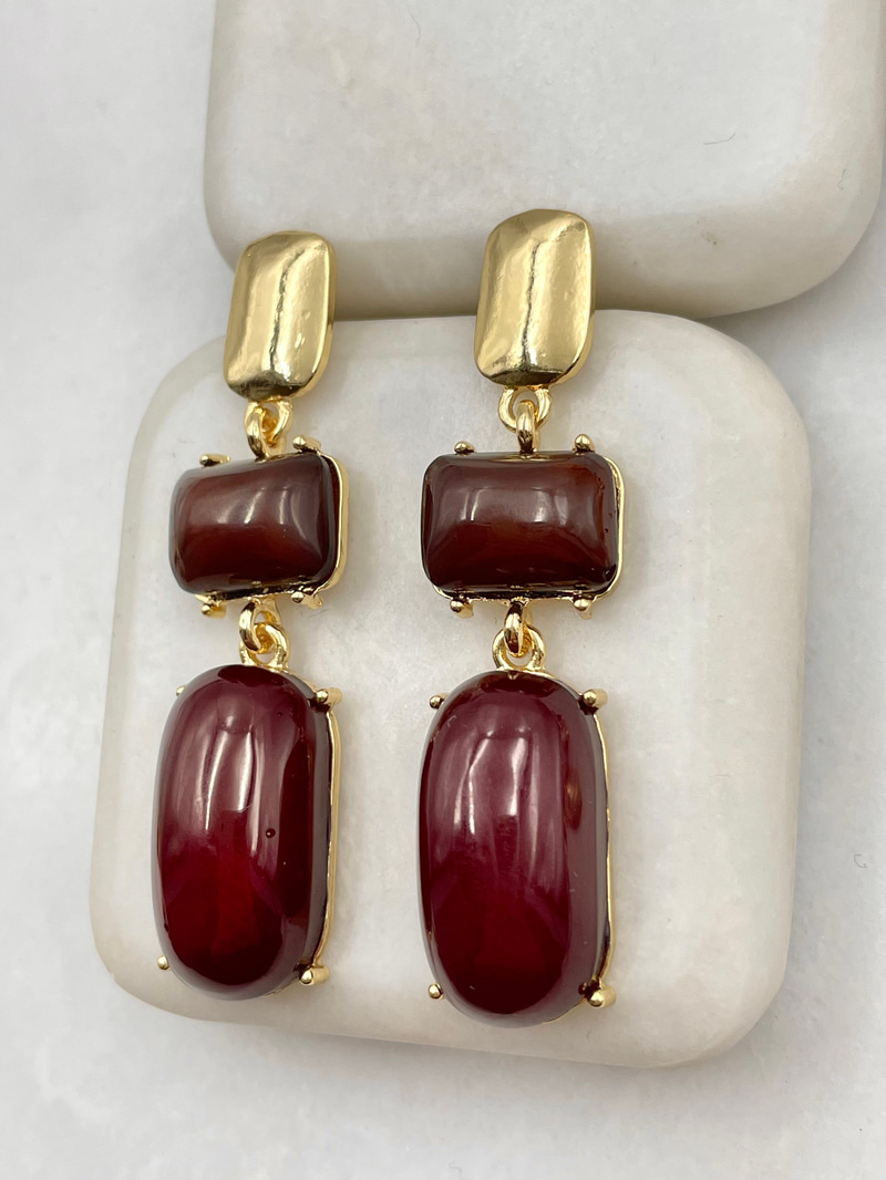 Bordo Taş Sallantılı Vintage Küpe Gold