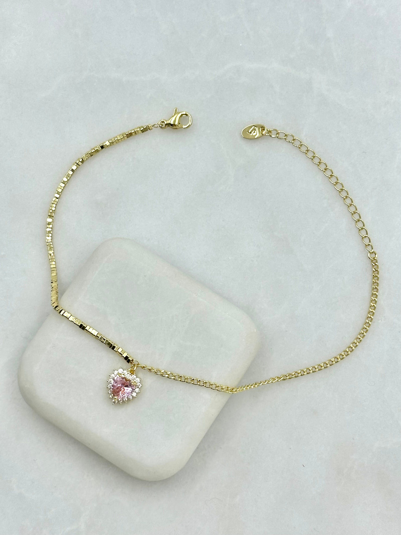 Pembe Kristal Taşlı Kalp Model Küp ve Zincir Halhal Gold