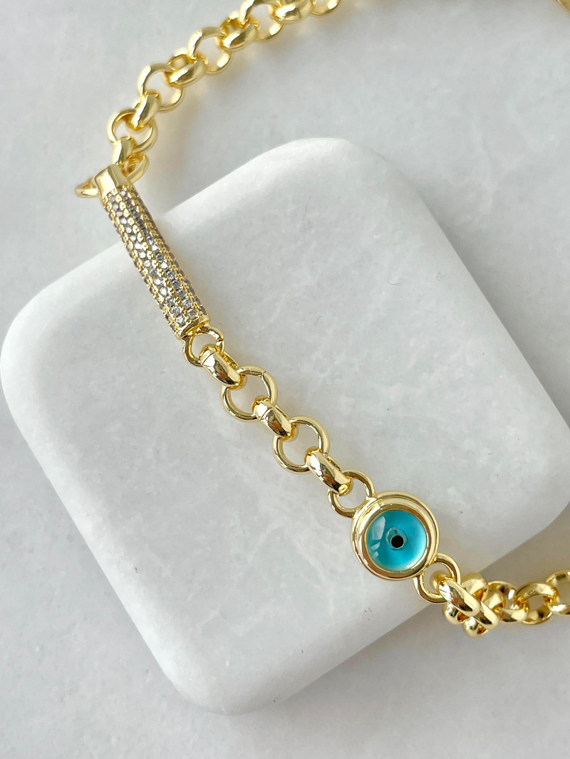 Altın Kaplama Gömme Taşlı Sütun ve Nazar Boncuklu Bileklik
