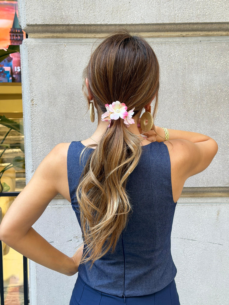 Dizi İnci Çiçekli Scrunchie Toka Pembe-Beyaz