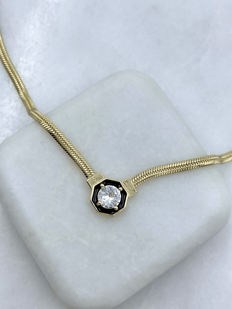 Altın Kaplama Siyah Mineli Kristal Taşlı Yılan Zincir Kolye