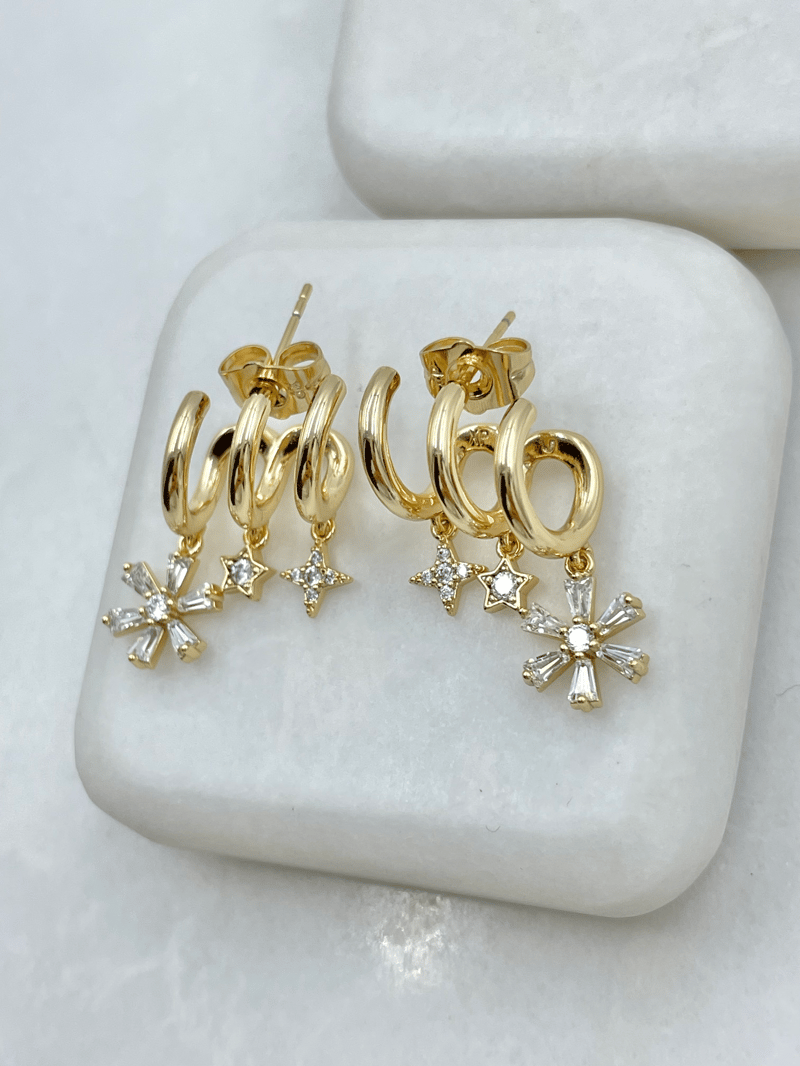 Özel Seri Üçlü Görünüm Kristal Taşlı Çiçek Küpe Gold