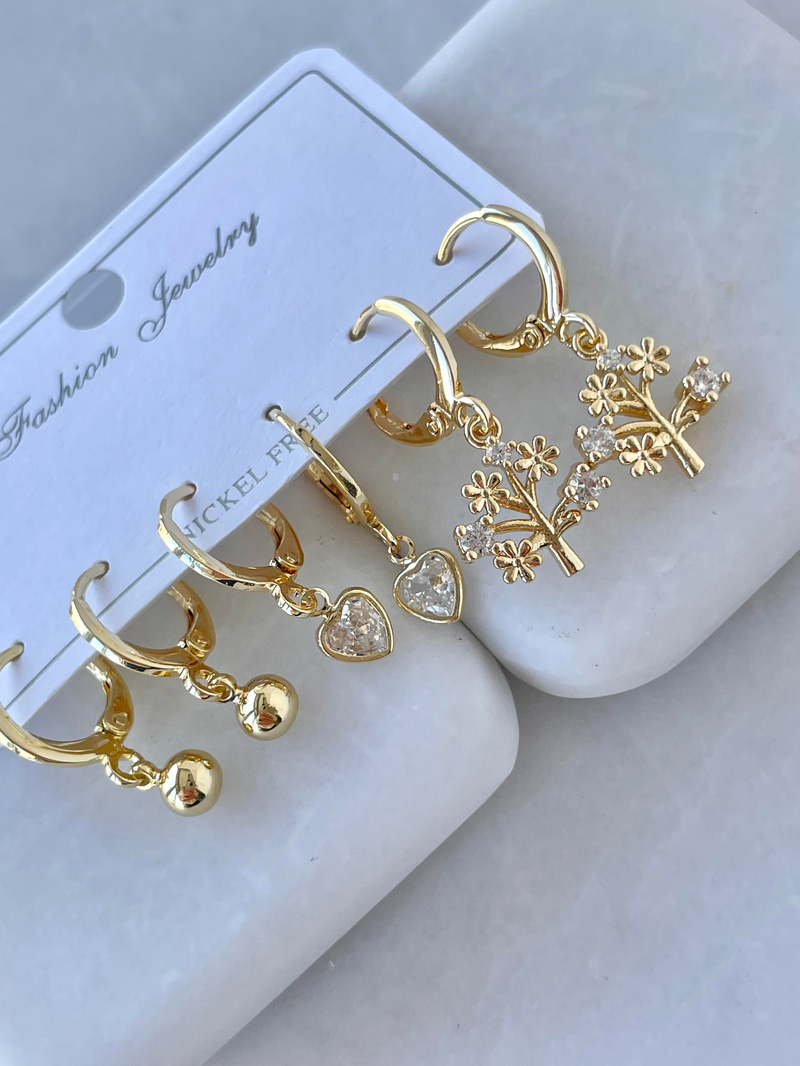 Altın Kaplama Altılı Kristal Ağaç ve Kalp Küpe Gold