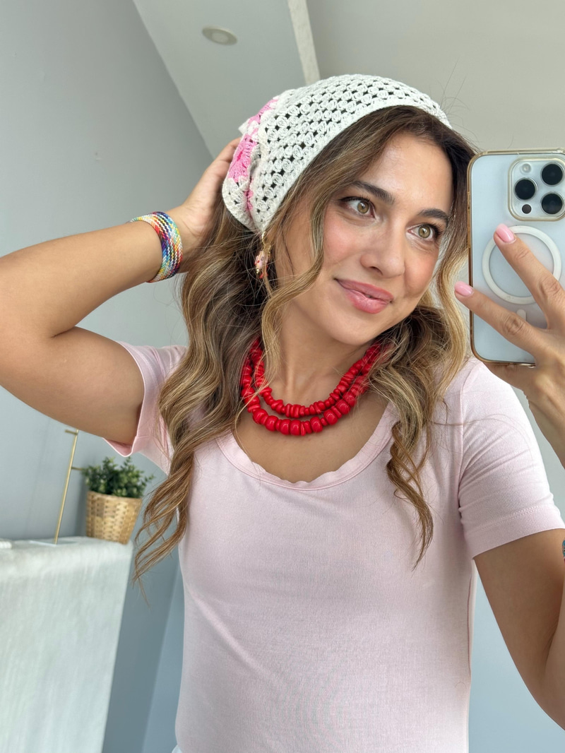 Çiçek Kenarlı Örgü Bandana Pembe