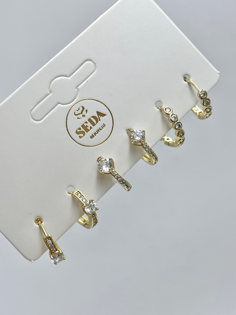 Özel Seri Kristal Taşlı Halka Model Altılı Set Küpe Gold