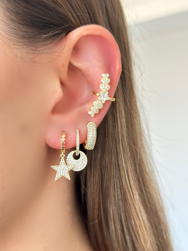 Altın Kaplama Dizi Kalpli Kristal Yıldız Kıkırdak Küpe Gold
