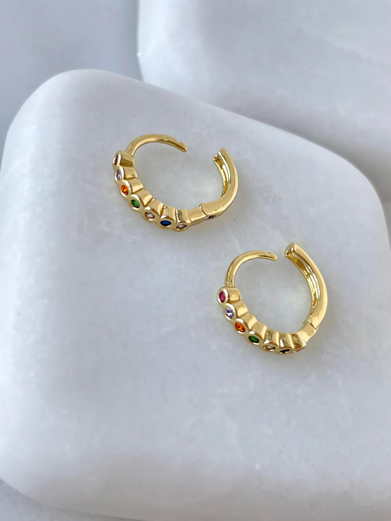 Özel Seri Minimal Renkli Taşlı Halka Küpe Gold