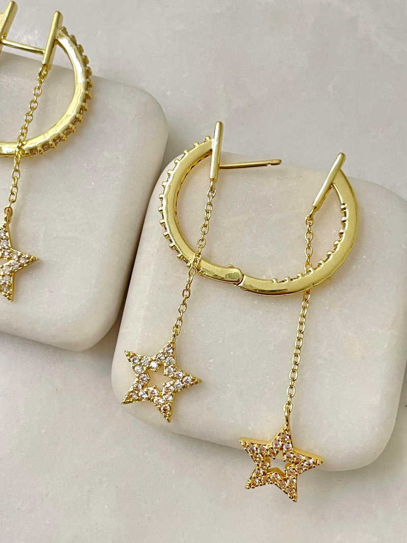 Altın Kaplama Gömme Taşlı Yıldız Sallantılı Tasarım Halka Küpe Gold