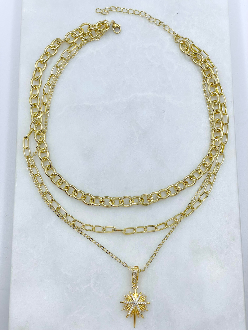 Altın Kaplama Kuzey Yıldızı Sallantılı Üçlü Zincir Kolye Gold