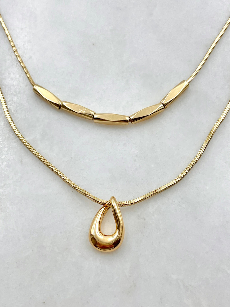 İçi Boş Damla Sallantılı İkili Zincir Kolye Gold