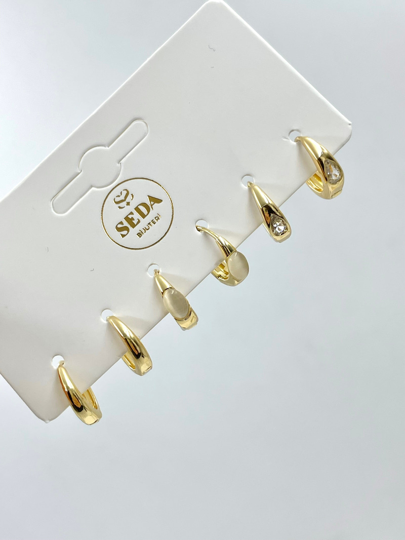 Opal ve Kristal Taşlı Halka Model Altılı Set Küpe Gold