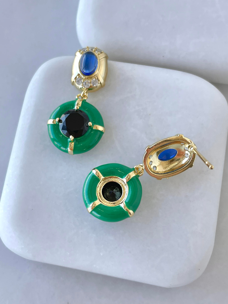 Altın Kaplama Gold Detaylı Renkli Opal Taşlı Küpe Gold