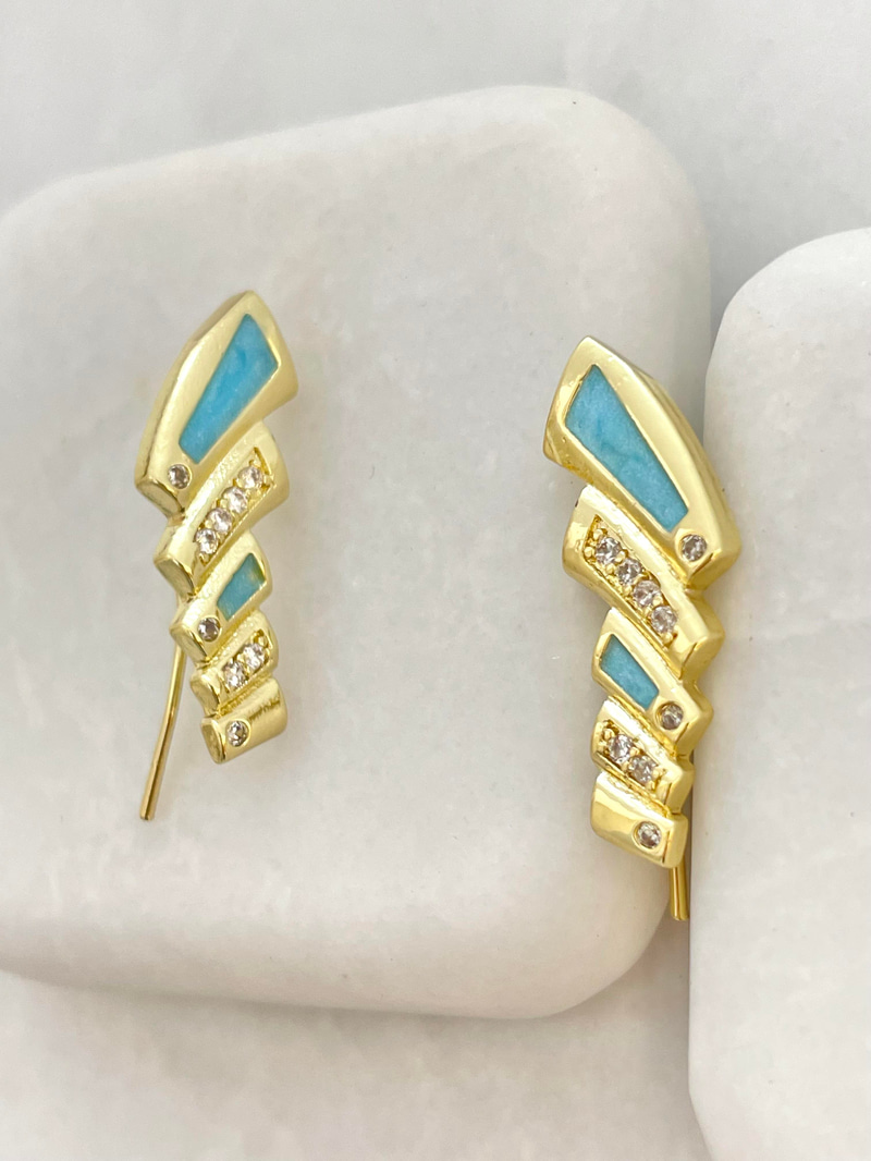 Altın Kaplama Gömme Taşlı ve Sedefli Dizi Küpe Mavi