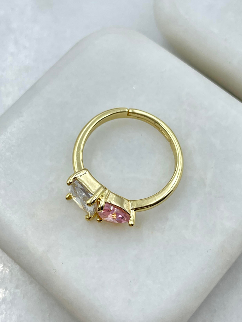 Altın Kaplama Kare ve Üçgen Kristal Taşlı Yüzük Pembe-Gold