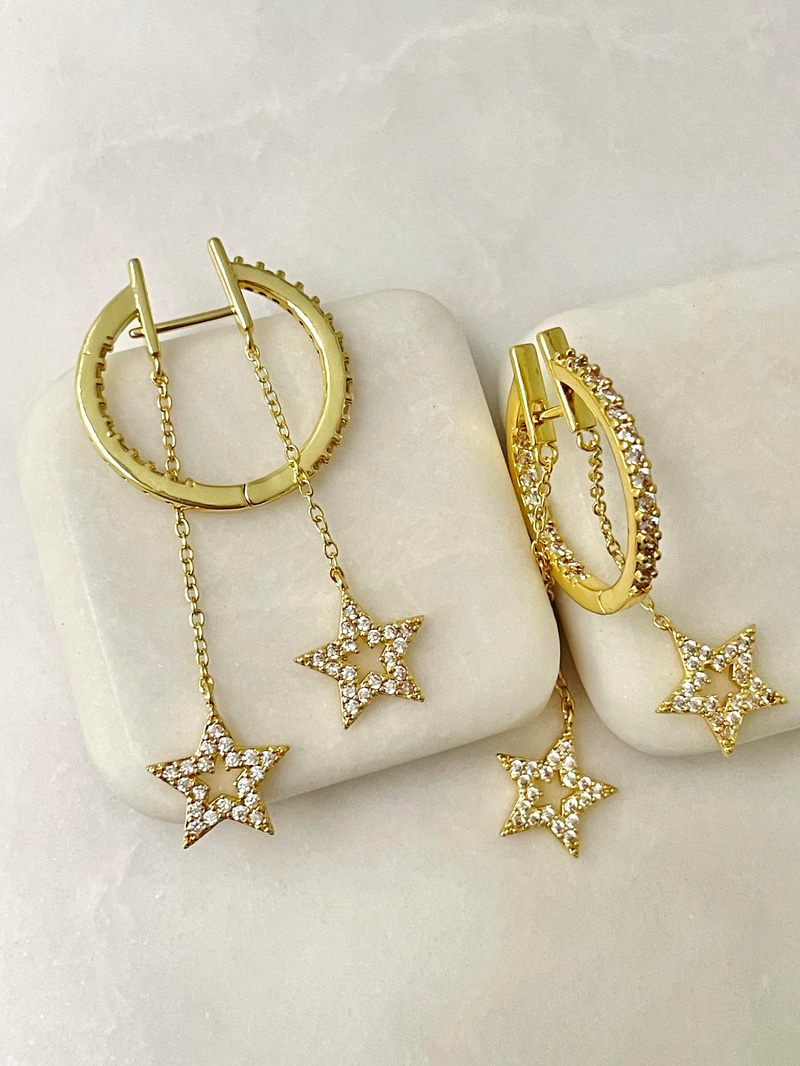 Altın Kaplama Gömme Taşlı Yıldız Sallantılı Tasarım Halka Küpe Gold