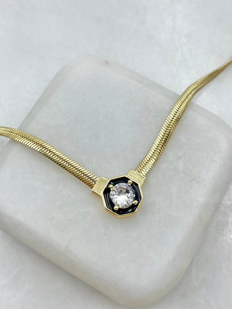 Siyah Mineli Geometrik İtalyan Zincir Kolye Gold