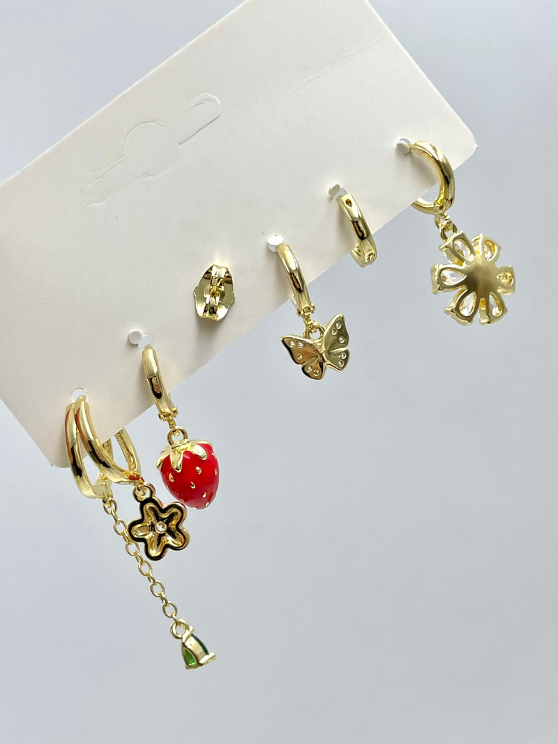 Kristal Taşlı Çiçek ve Çilek Model Altılı Set Küpe Gold