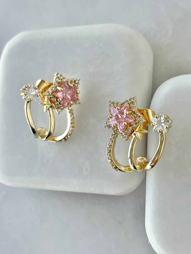 Altın Kaplama Üçlü Görünüm Kristal Taşlı Yıldız Küpe Pembe