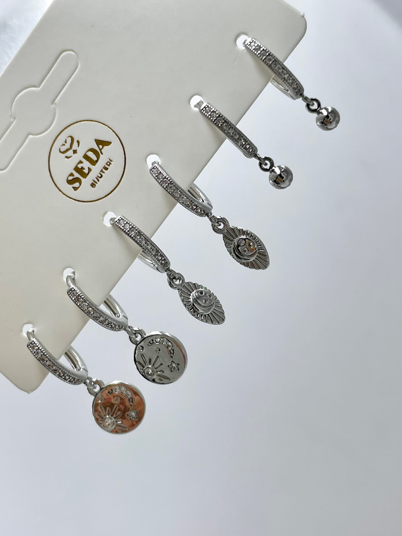 Altın Kaplama Ay-Yıldız Sallantılı Halka Model Altılı Set Küpe Gümüş