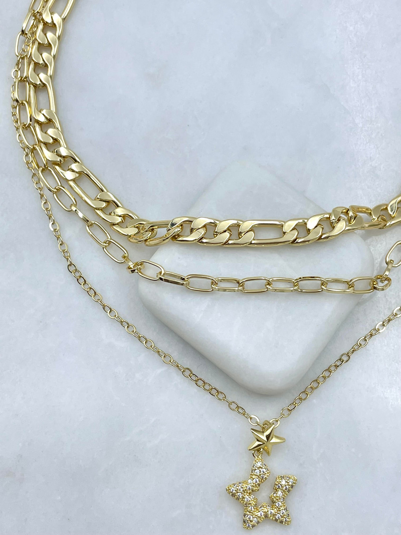 Altın Kaplama Yıldız Sallantılı Üçlü Zincir Kolye Gold