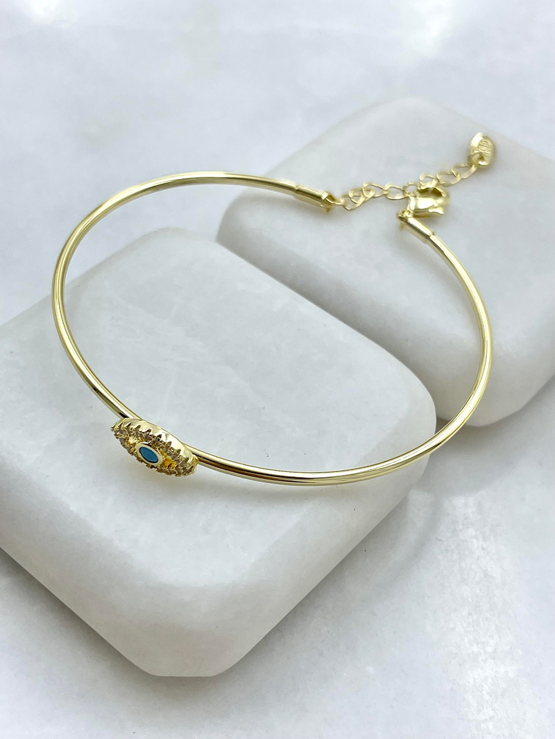 Altın Kaplama Mavi Taşlı Göz Model Kelepçe Bileklik Gold