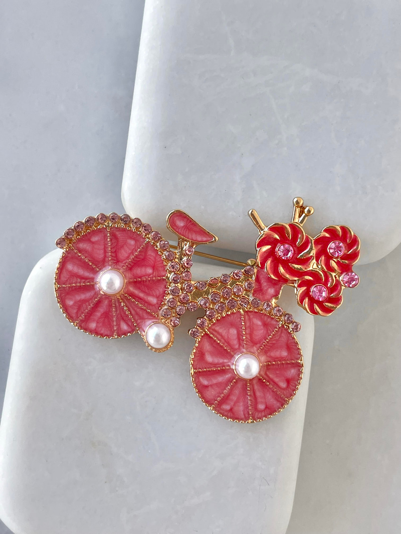 Pembe Mineli Kristal Taşlı Bisiklet Broş