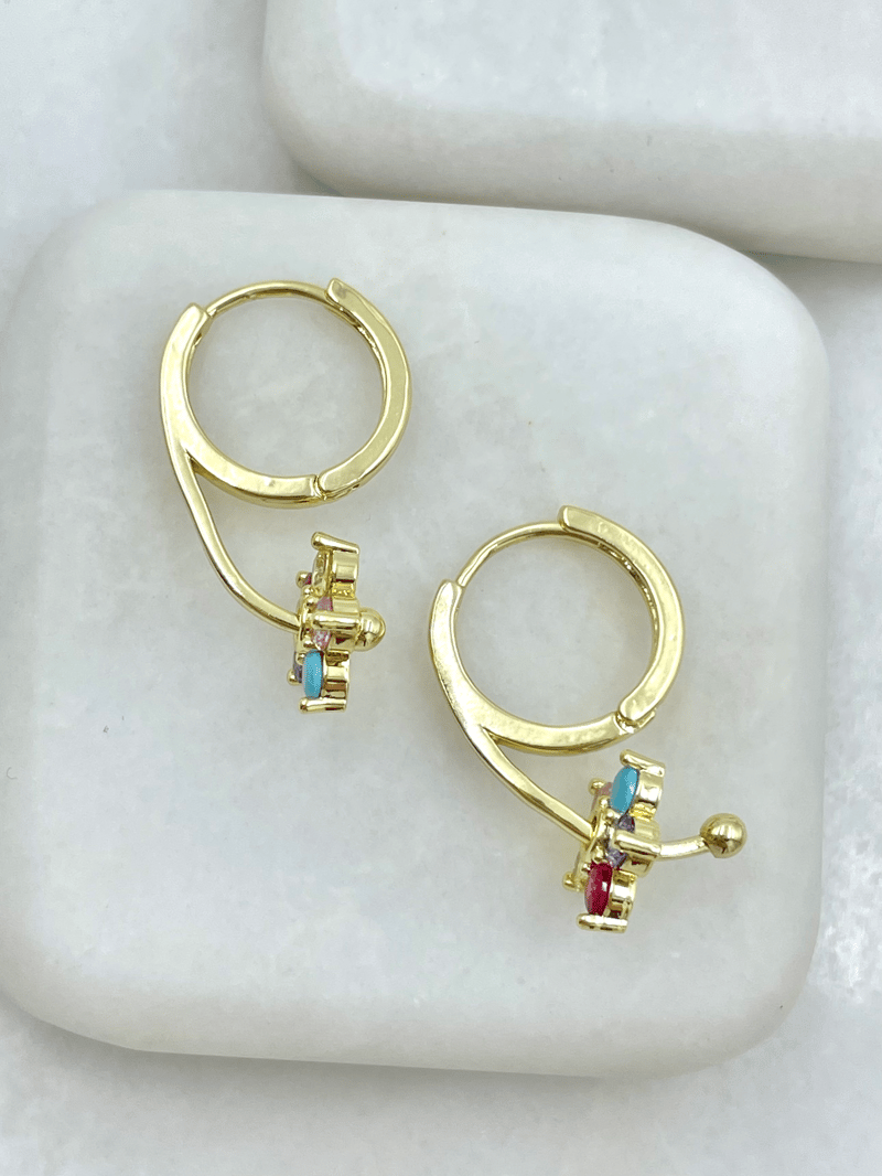 Altın Kaplama Renkli Kristal Taşlı Çiçek Tasarım Küpe Gold