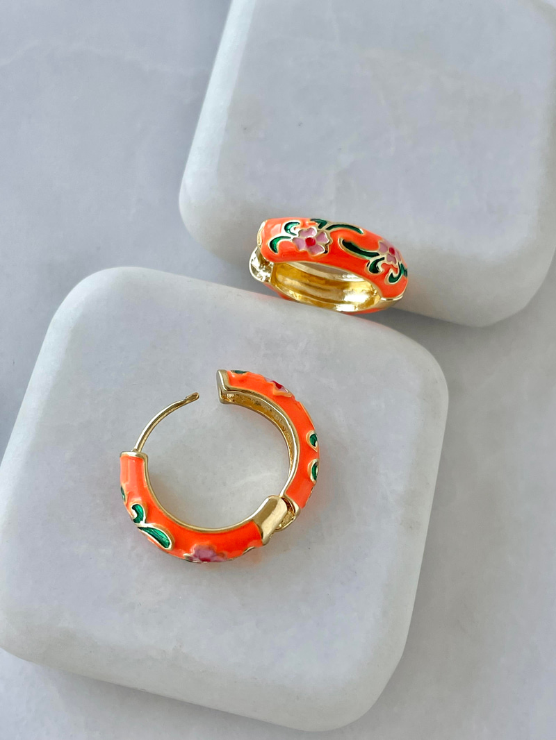 Altın Kaplama Mineli Pembe Çiçekli Halka Küpe Turuncu