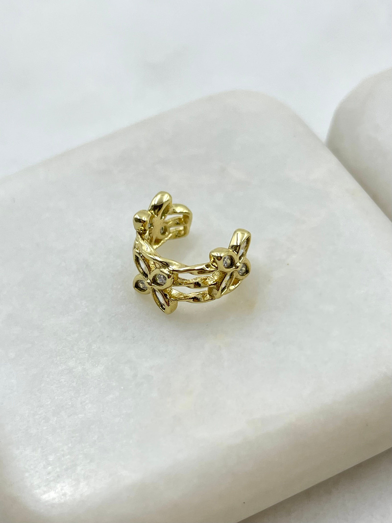 Özel Seri Üçlü Kristal Çiçek Kıkırdak Küpe Gold