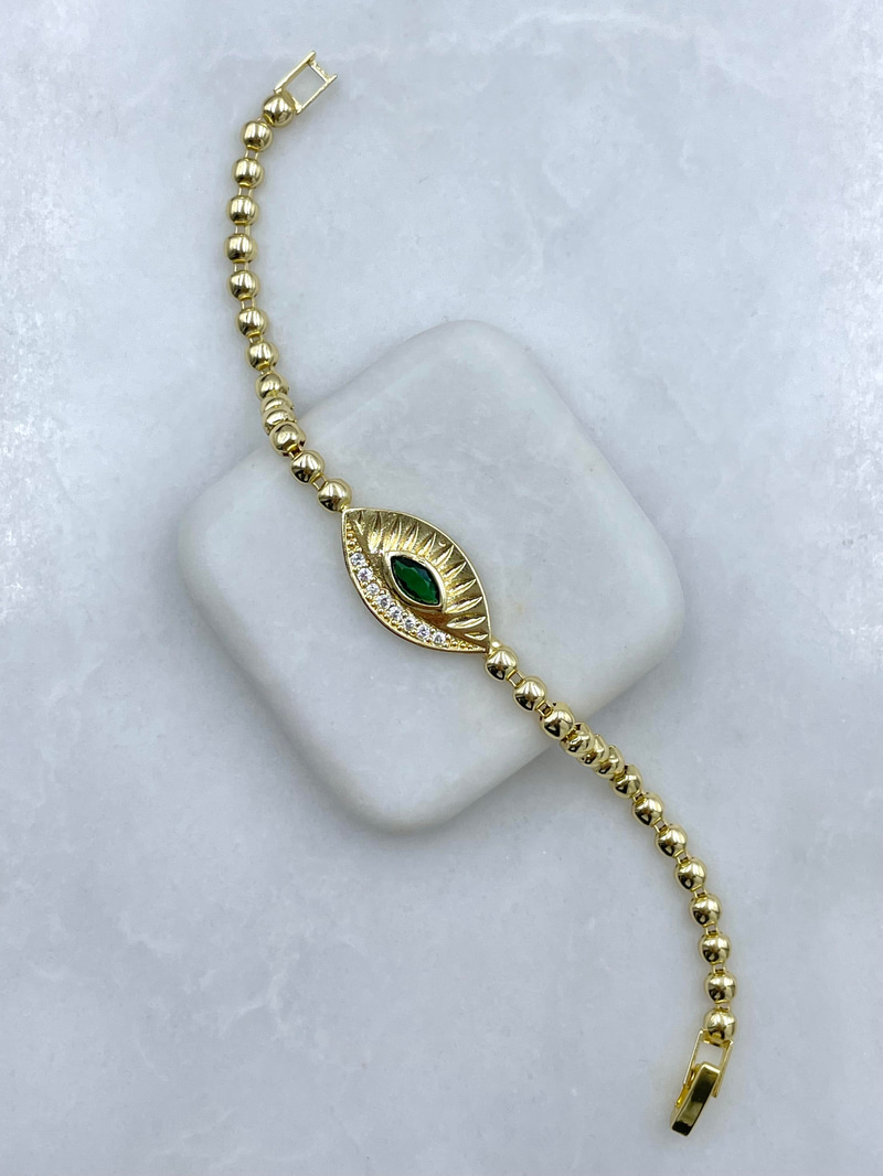 Altın Kaplama Yeşil Kristal Taşlı Göz Model Bileklik Gold