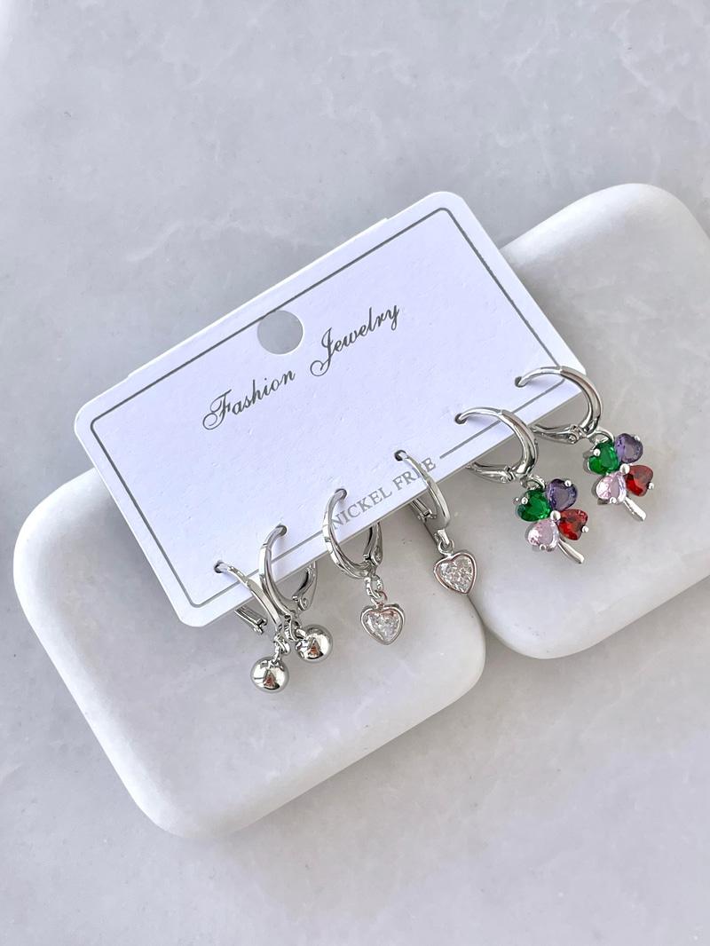 Altın Kaplama Altılı Renkli Kristal Yonca ve Kalp Küpe Gümüş