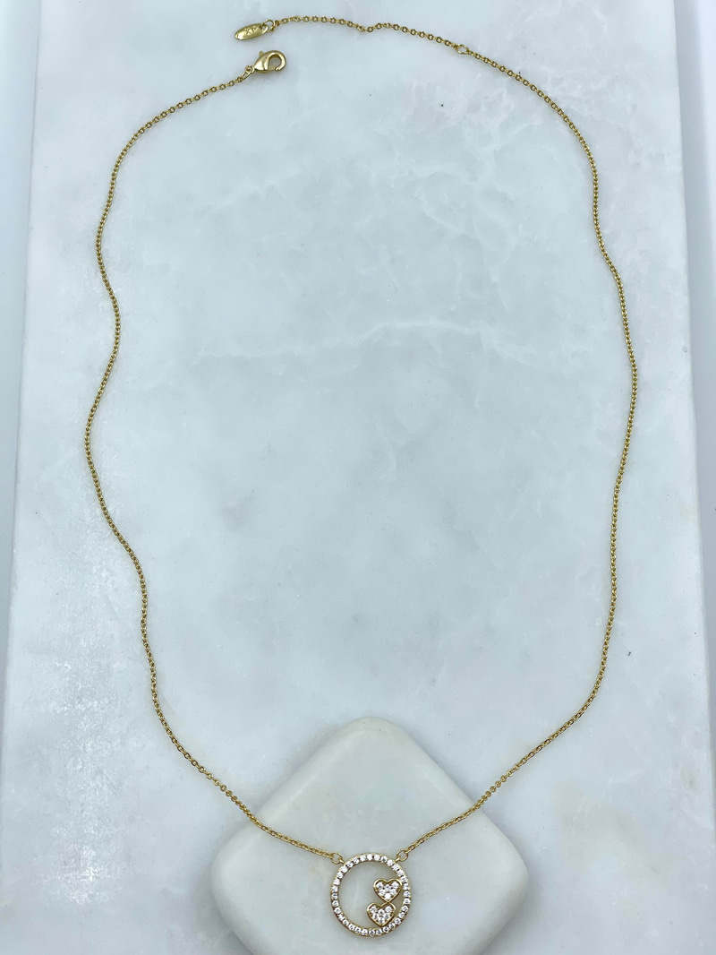 Özel Seri Kristal Taşlı İkili Kalp Kolye 50 cm Gold