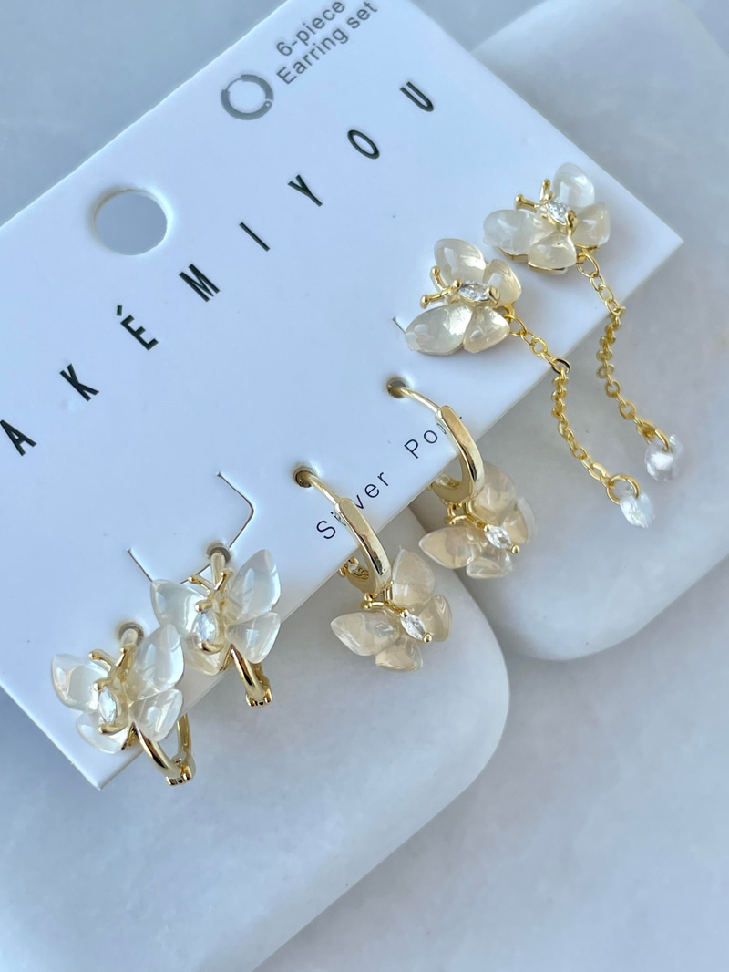 Özel Seri Altılı Opal Taşlı Altılı Kelebek Model Küpe Gold
