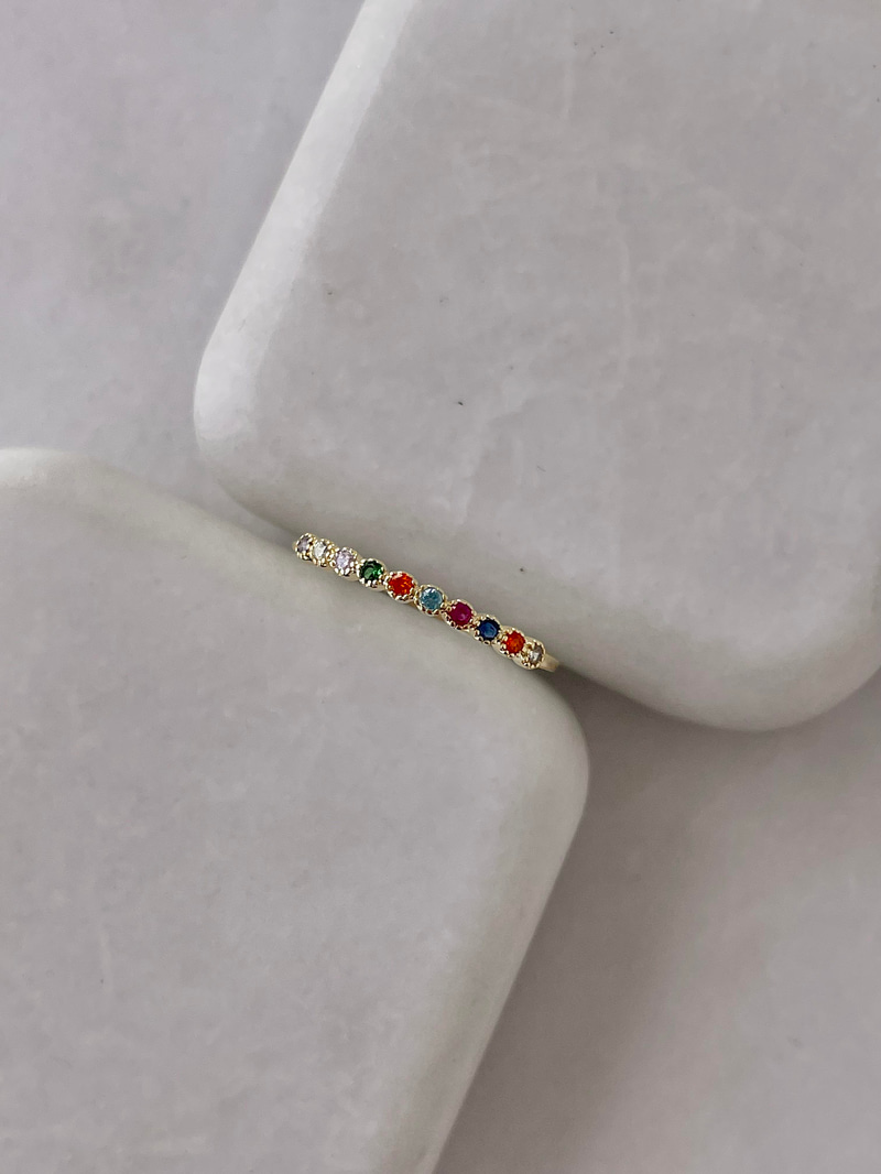 Altın Kaplama Renkli Kristal Taşlı Minimal Yüzük Gold