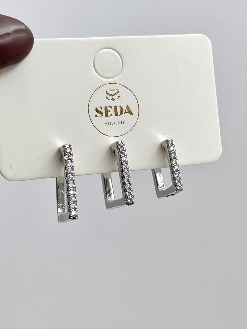 Gömme Taşlı Kare Model Üçlü Set Küpe Gümüş