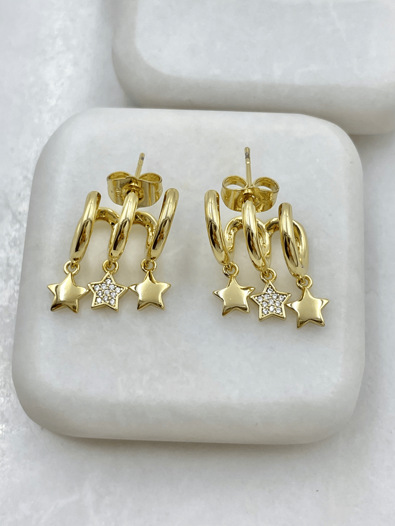 Özel Seri Üçlü Görünüm Gömme Taşlı Yıldız Küpe Gold