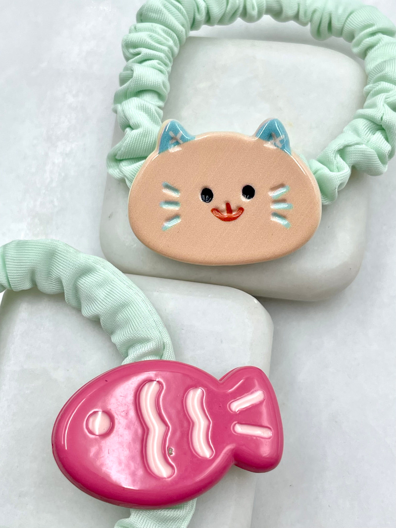 Kedi ve Balık İkili Scrunchie Toka Turkuaz