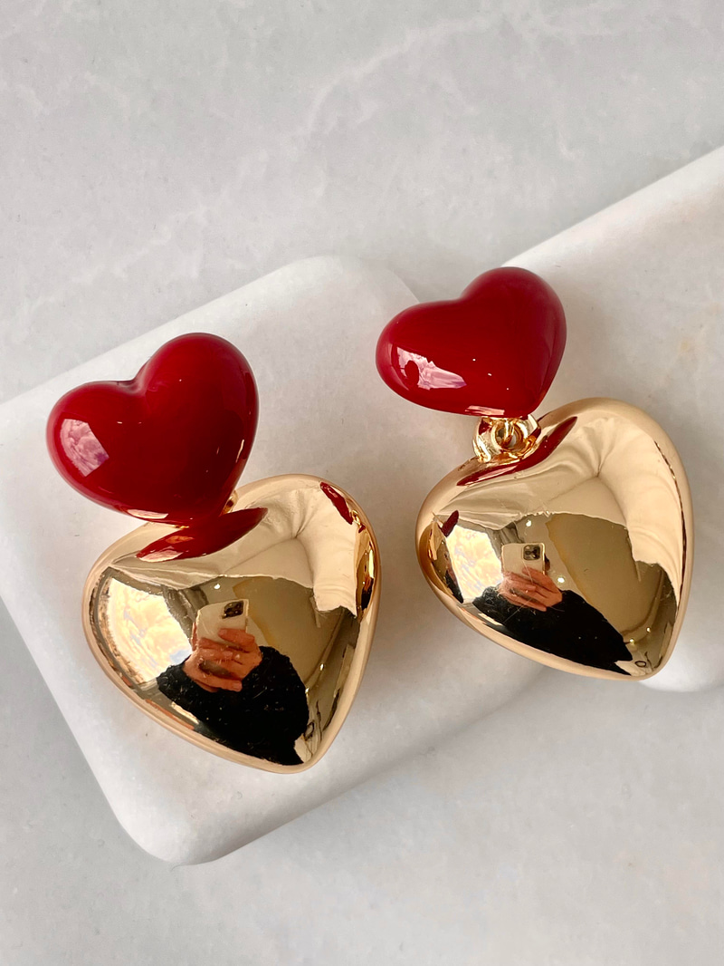 Gold Bombe Kalp Sallantılı Bordo Küpe