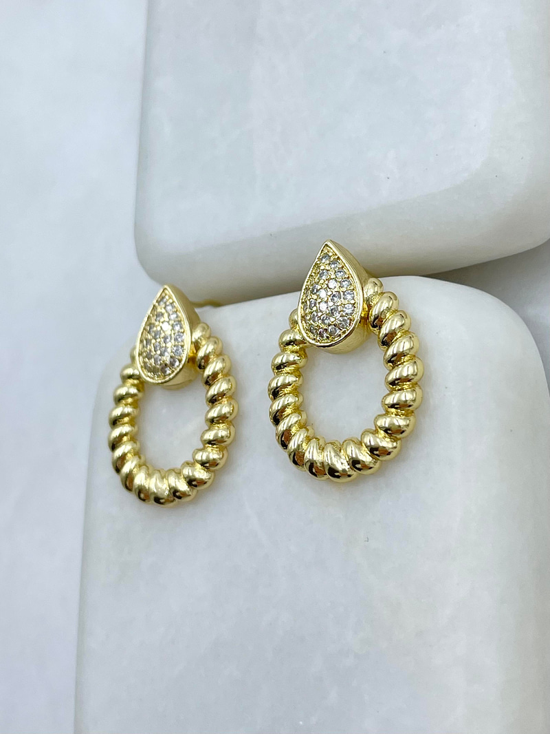Altın Kaplama Gömme Taşlı Damla Model Burgu Küpe Gold